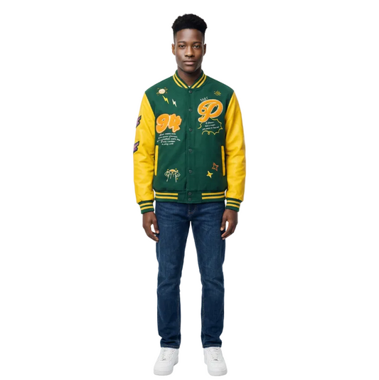 BLEECKER & MERCER MEN'S MIXED FABRIC EMBROIDERED VARSITY JACKET W/ PATCHES (GREEN)