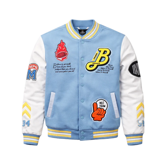 BLEECKER & MERCER MEN'S MIXED FABRIC EMBROIDERED VARSITY JACKET W/ PATCHES (SKY BLUE)