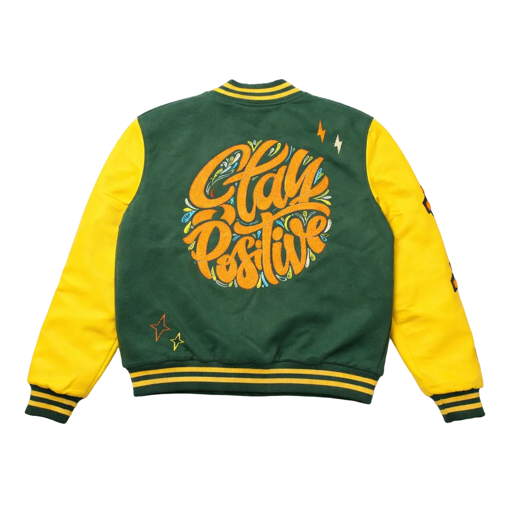 BLEECKER & MERCER MEN'S MIXED FABRIC EMBROIDERED VARSITY JACKET W/ PATCHES (GREEN)