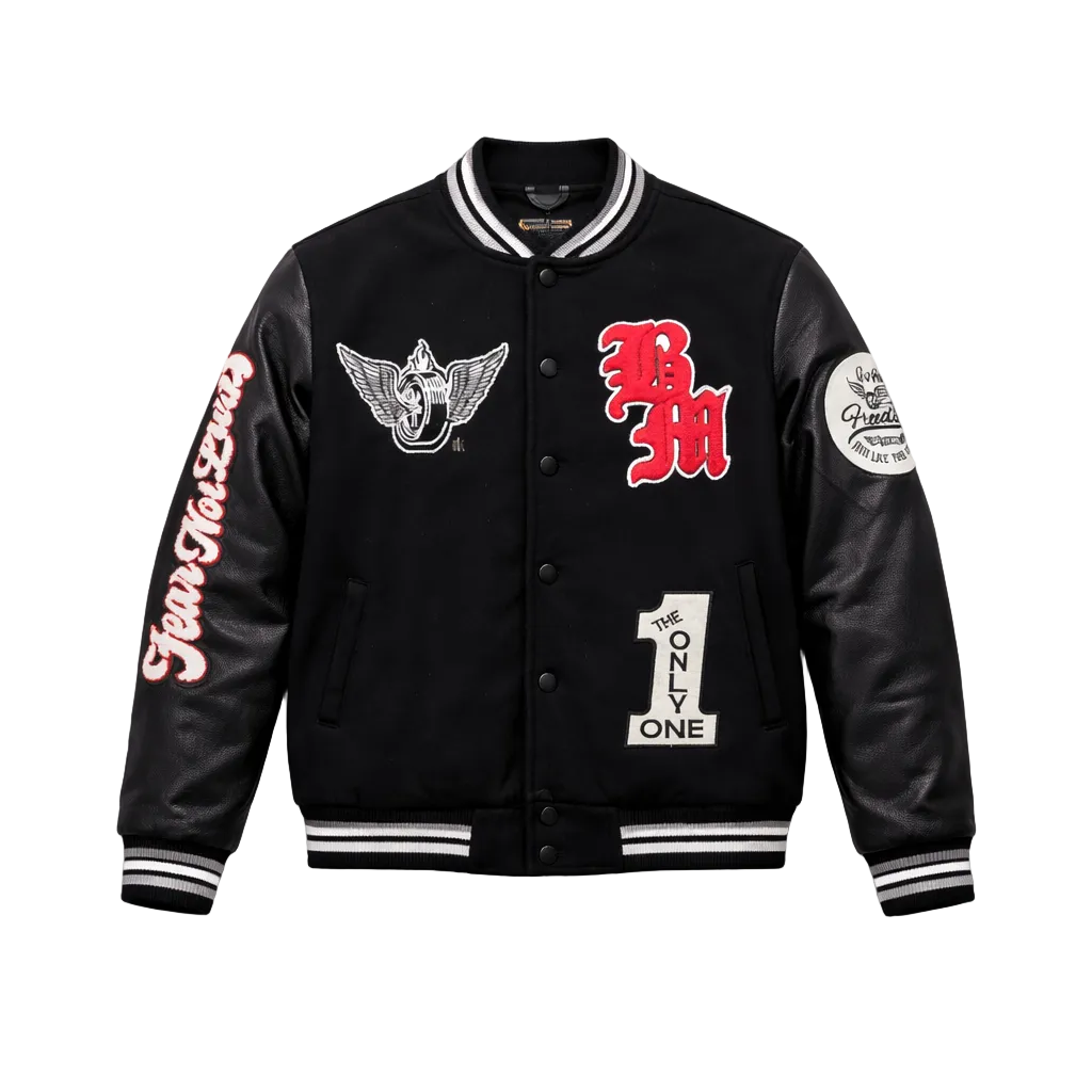 BLEECKER & MERCER MEN'S MIXED FABRIC EMBROIDERED VARSITY JACKET W/ PATCHES (BLACK)