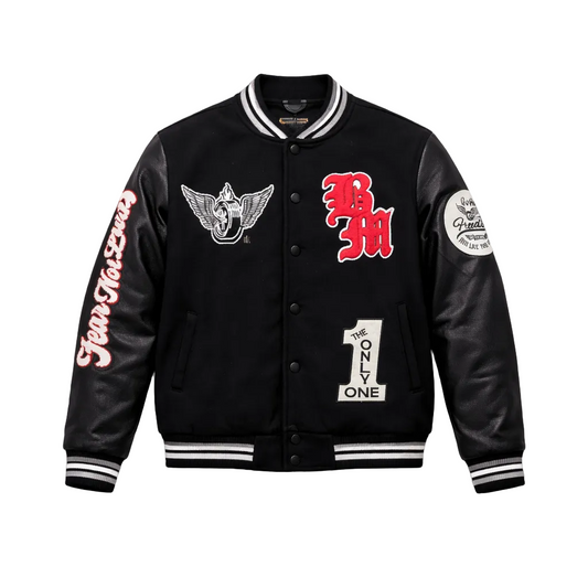 BLEECKER & MERCER MEN'S MIXED FABRIC EMBROIDERED VARSITY JACKET W/ PATCHES (BLACK)