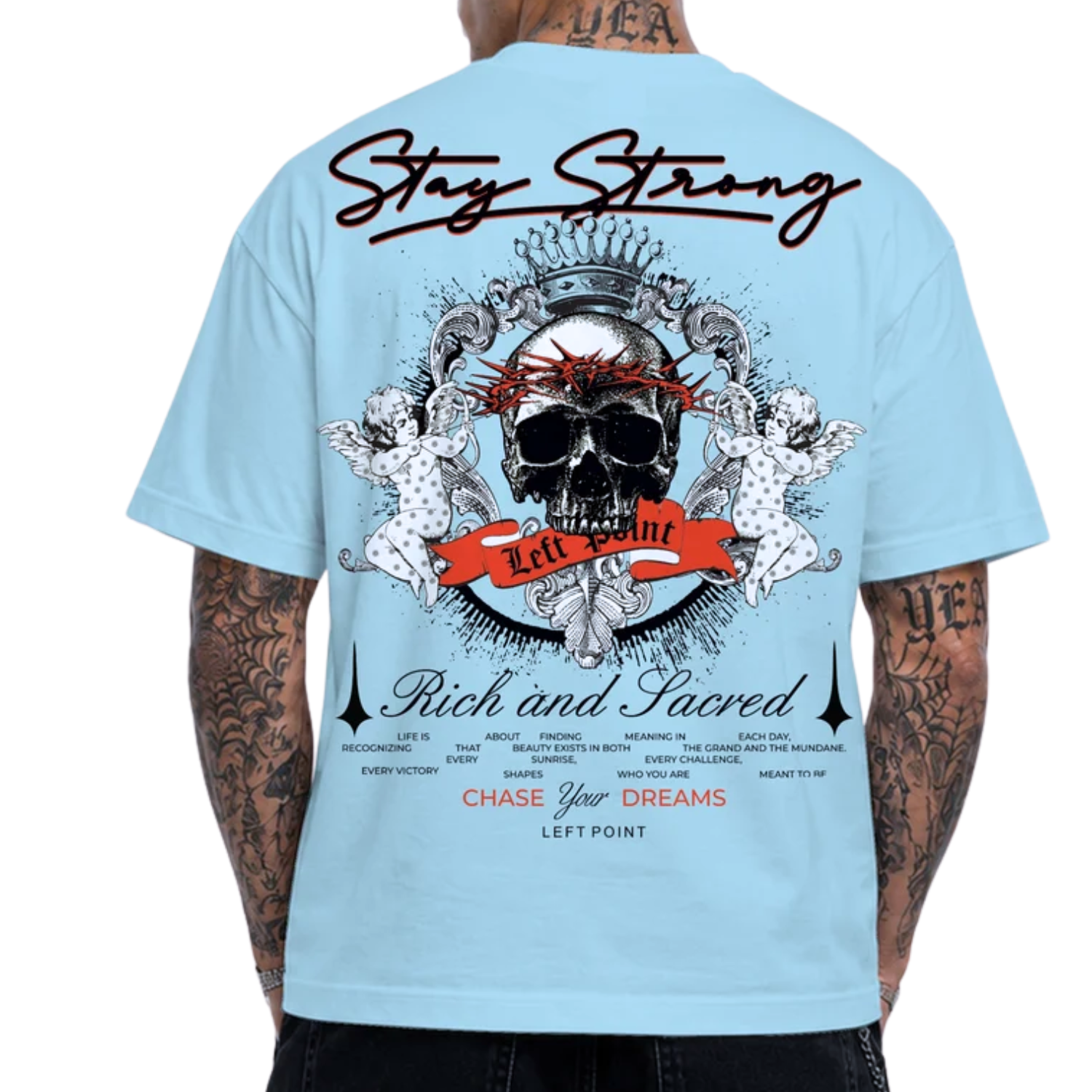LEFT POINT MEN'S RHINESTONE DESIGN STAY STRONG BLUE T-SHIRT