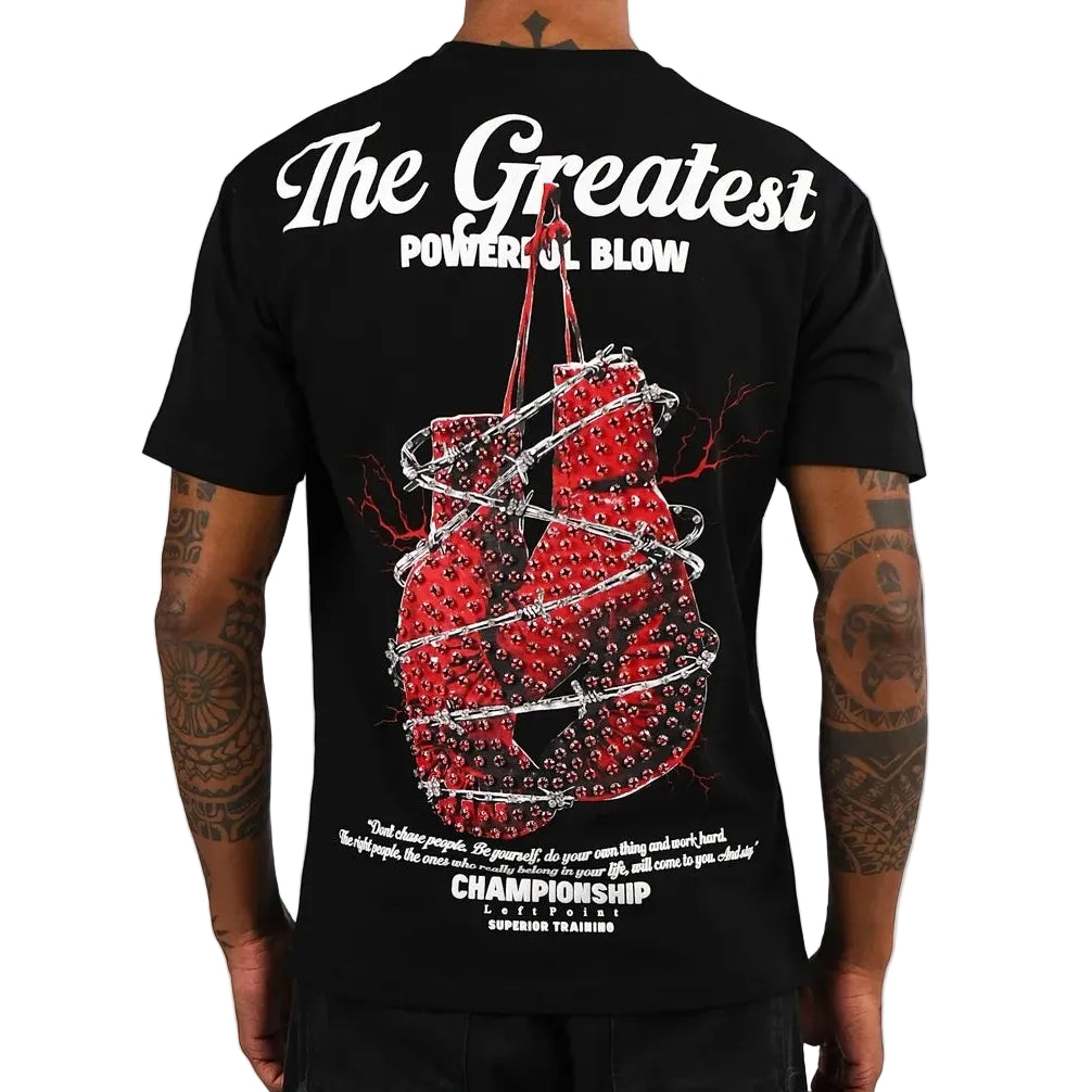 LEFT POINT MEN'S RHINESTONE DESIGN BOXING RING BLACK T-SHIRT
