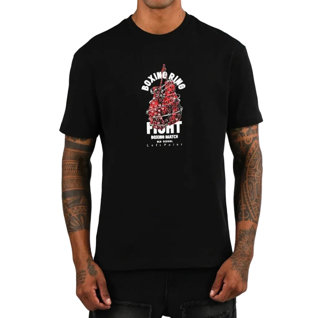 LEFT POINT MEN'S RHINESTONE DESIGN BOXING RING BLACK T-SHIRT