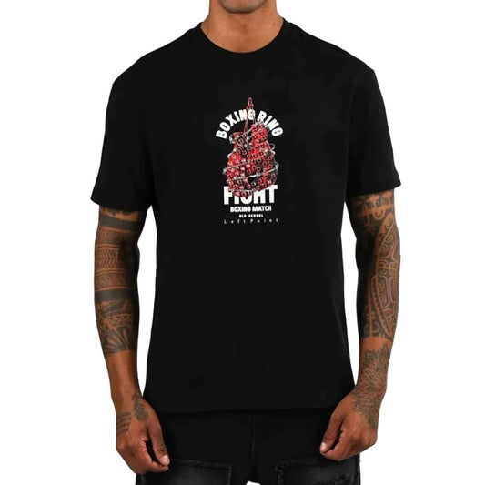 LEFT POINT MEN'S RHINESTONE DESIGN BOXING RING BLACK T-SHIRT