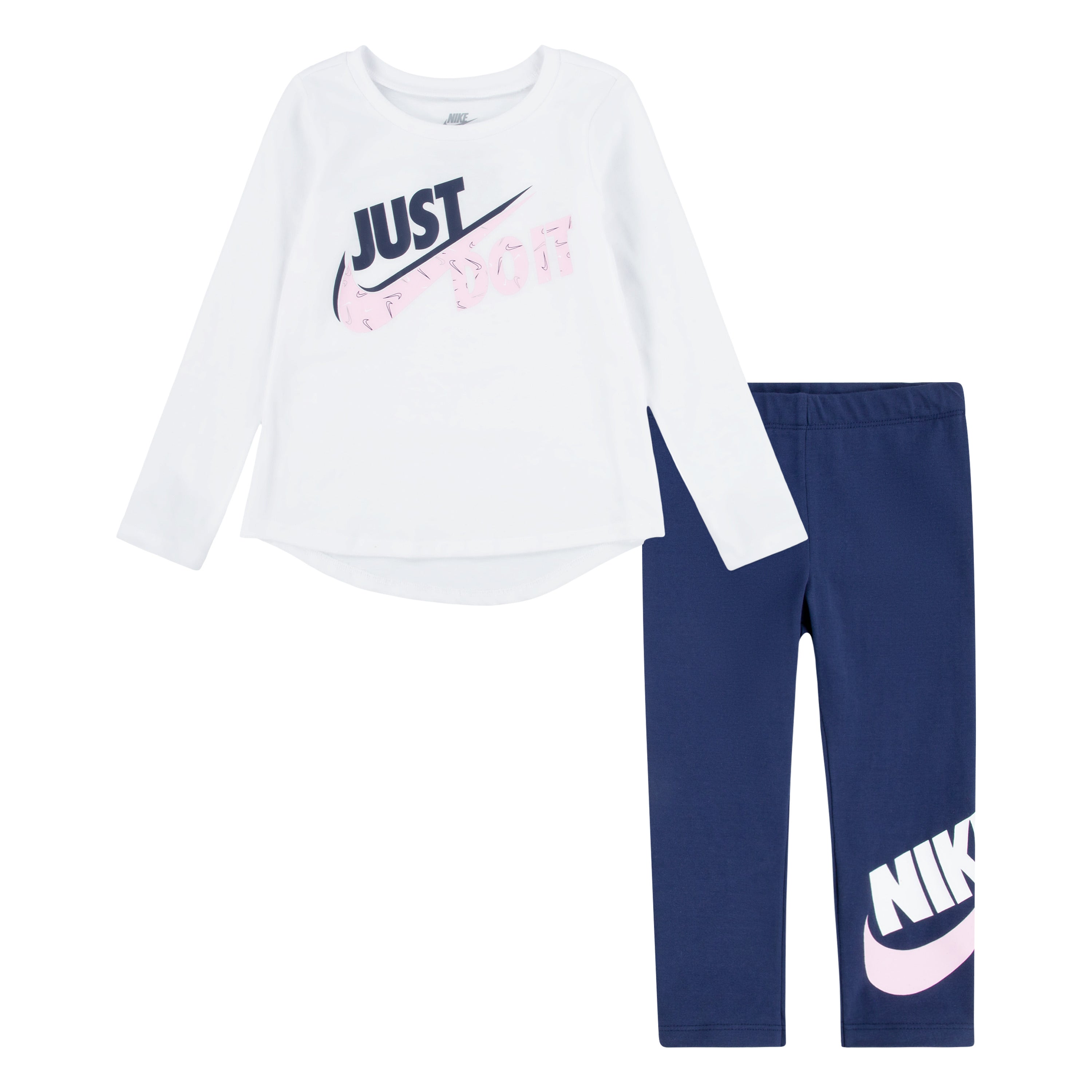 NIKE TODDLER GIRLS' LONG SLEEVE TOP & LEGGING SET (WHITE/NAVY SIZE 2T-4T)