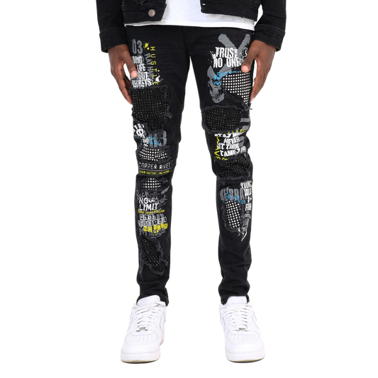 MEN'S COPPER RIVET SLIM FIT STONE REPAIR PATCH DENIM JEANS (BLACK)