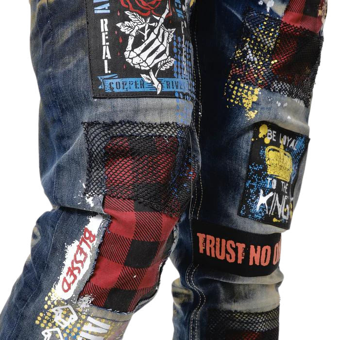 MEN'S COPPER RIVET SLIM FIT RIP & REPAIR WITH FLANNEL PATCH DENIM JEANS (DARK BLUE)