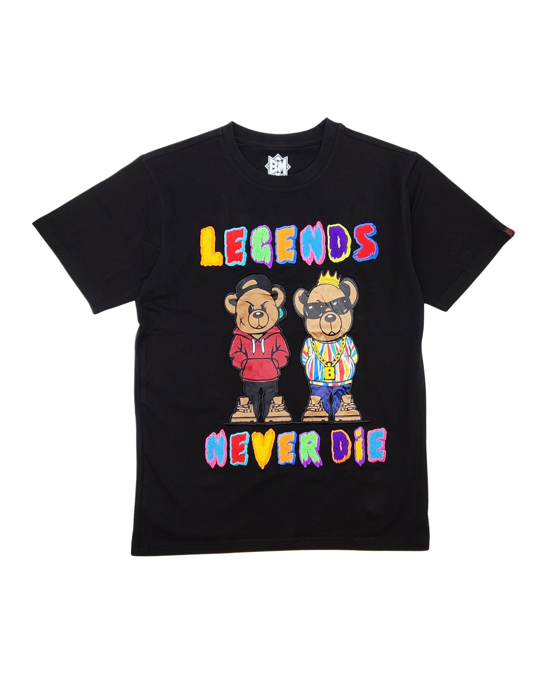 LEGENDS NEVER DIE CHENILLE & APPLIQUE GRAPHIC T-SHIRT (BLACK)