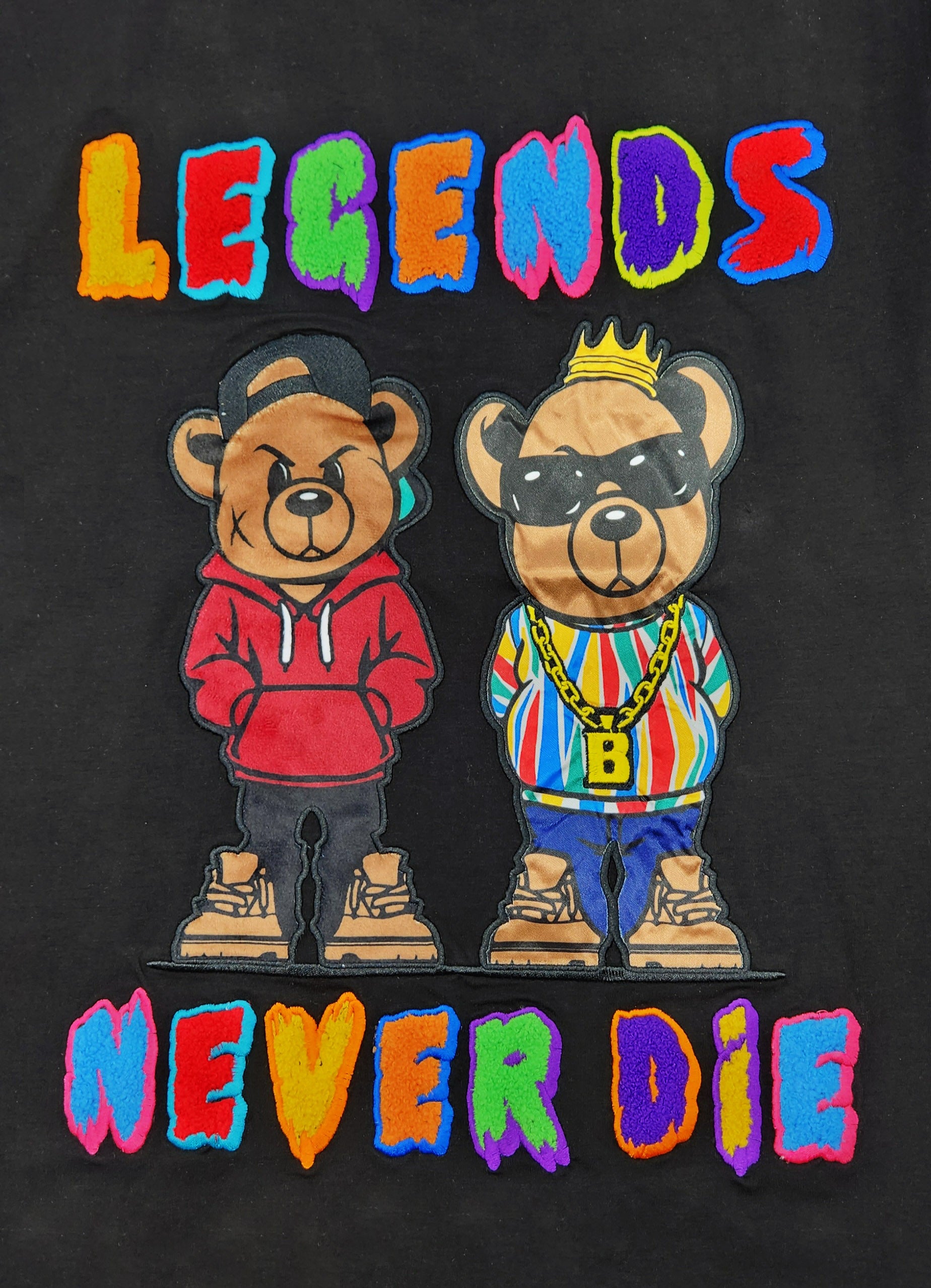 LEGENDS NEVER DIE CHENILLE & APPLIQUE GRAPHIC T-SHIRT (BLACK)