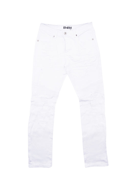 BLEECKER & MERCER MEN'S RIPPED FITTED PREMIUM JEANS (WHITE)