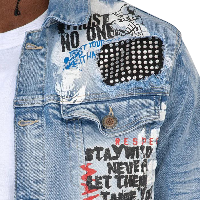 MEN'S COPPER RIVET STONE REPAIR PATCH DENIM JACKET (BLUE)