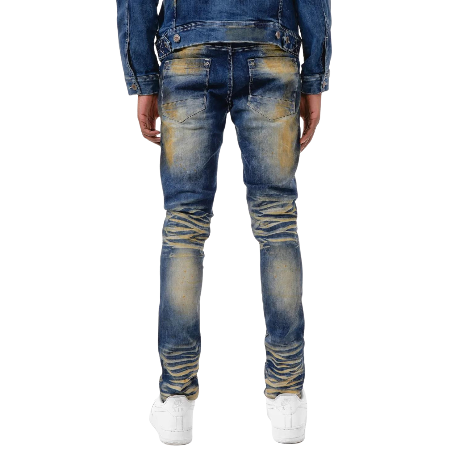 MEN'S COPPER RIVET SLIM FIT RIP & REPAIR WITH FLANNEL PATCH DENIM JEANS (DARK BLUE)
