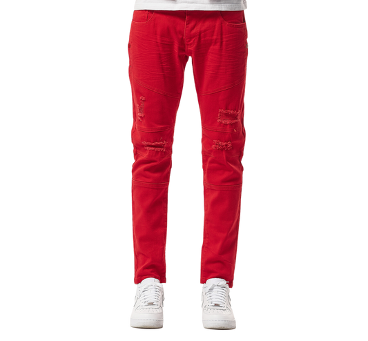 MEN'S COPPER RIVET SLIM FIT RIPPED DENIM JEANS (RED)