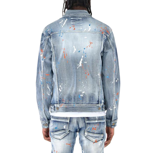 MEN'S COPPER RIVET PRINT & PLAID REPAIR DENIM JACKET (BLUE)