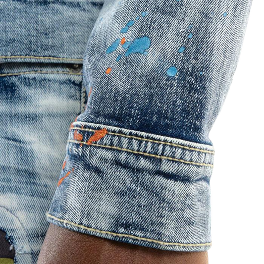 MEN'S COPPER RIVET PRINT & PLAID REPAIR DENIM JACKET (BLUE)