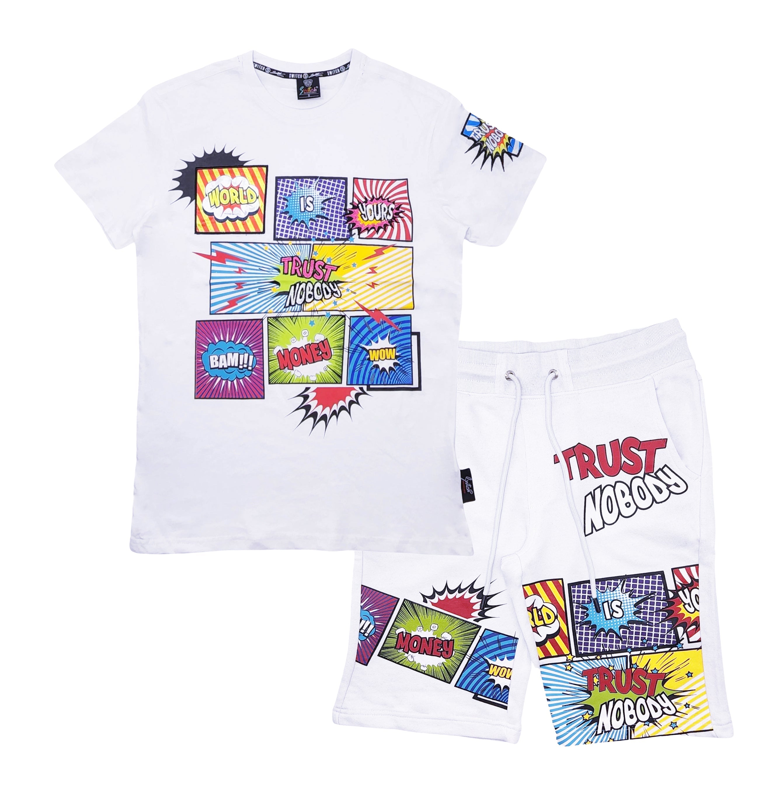 SWITCH MEN'S CARTOON T-SHIRT/SHORTS SET WITH PATCHES (WHITE)