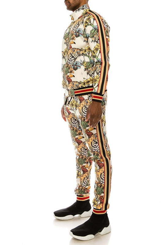 2 PCS JUNGLE TIGER PRINT TRACKSUITS WITH SIDETAPE (OFF WHITE)